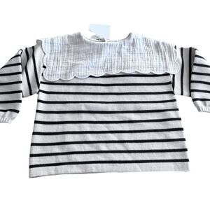 Zara Girls Ecru Black Stripe Bib Collar Knit Sweater 12-18 months NWT